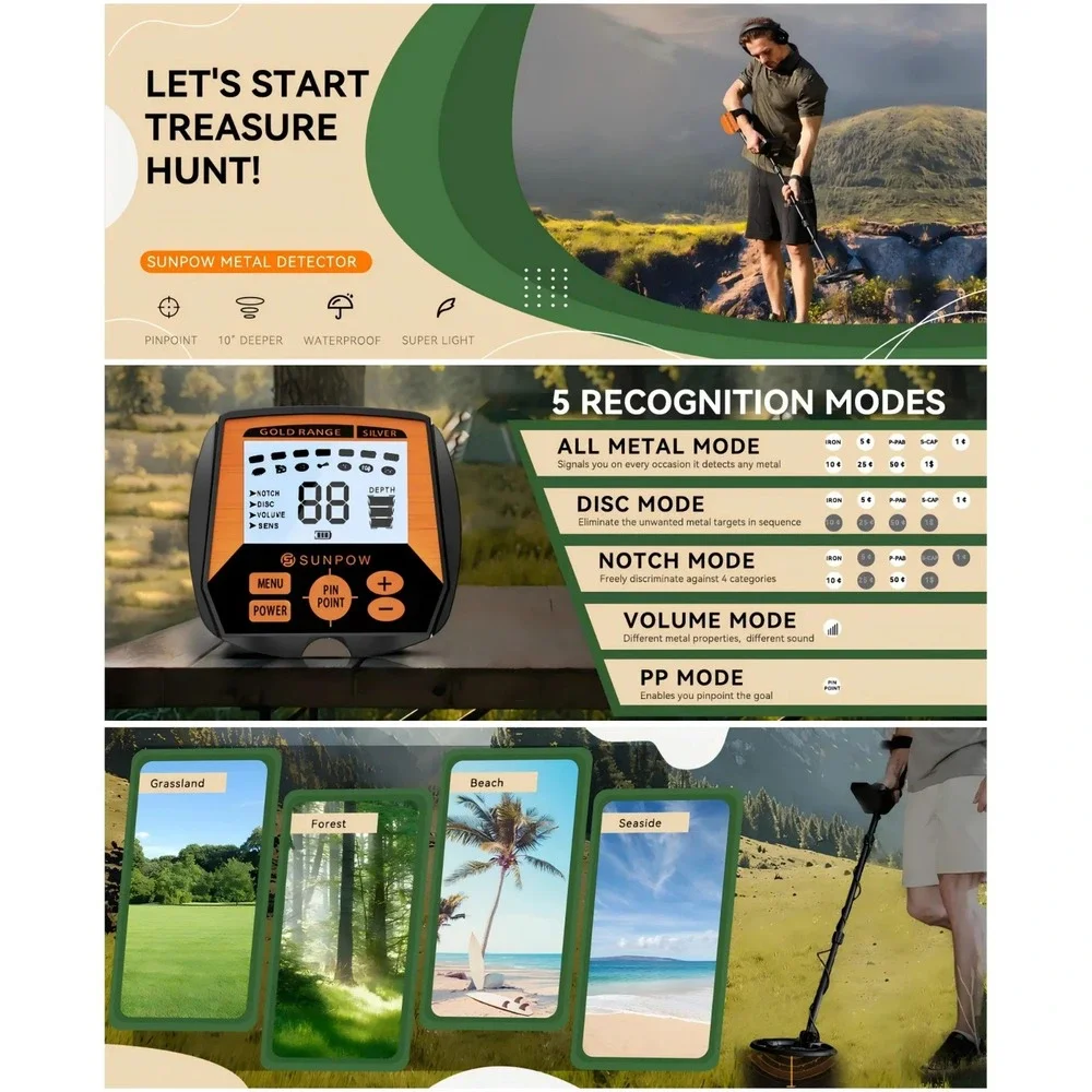 Sunpow OT-MD04 Black/Orange Waterproof High Accuracy Waterproof Metal Detector